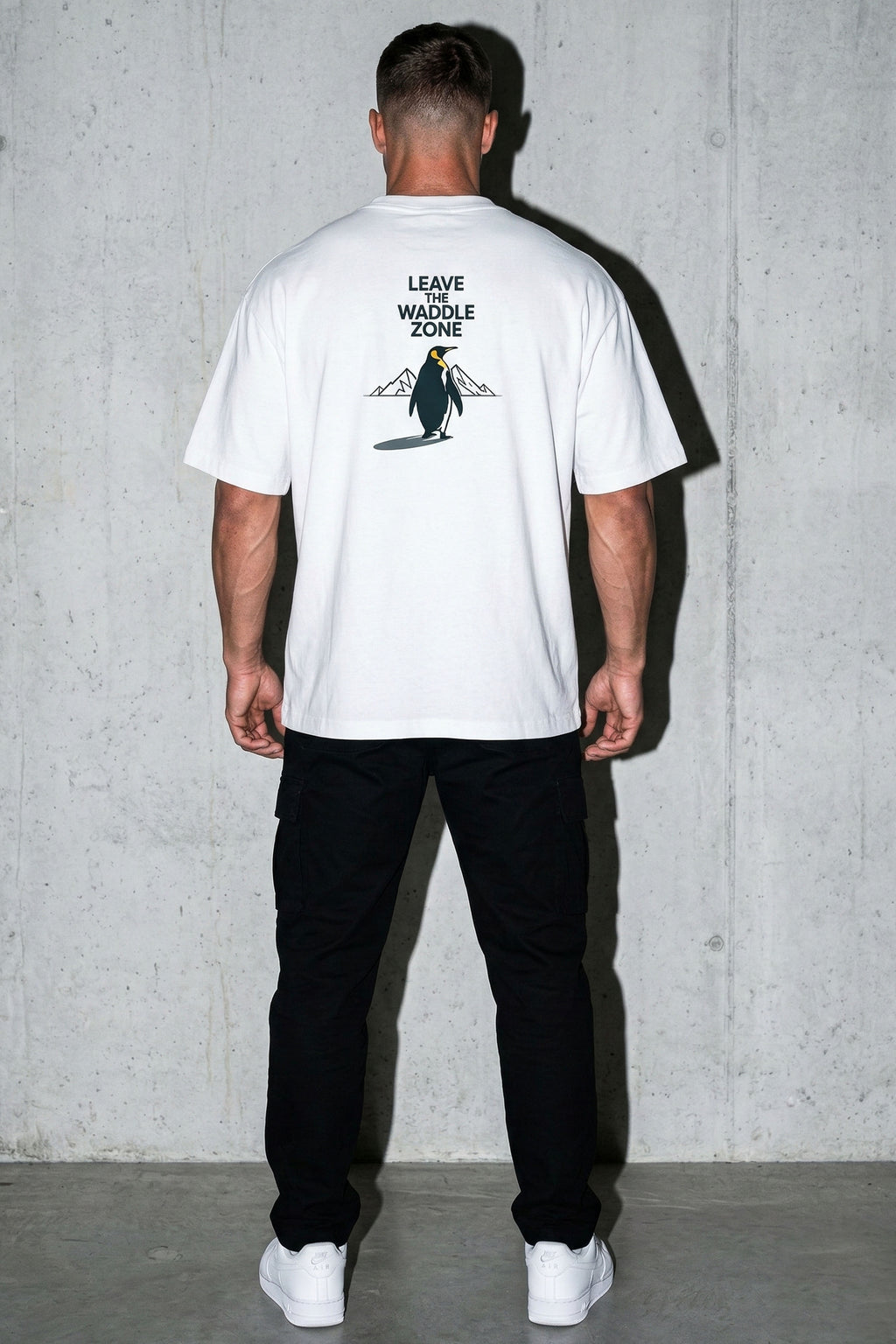 Unisex Beyaz Leave The Waddle Zone Penguen Baskılı %100 Pamuk Oversize Bisiklet Yaka Premium T-shirt